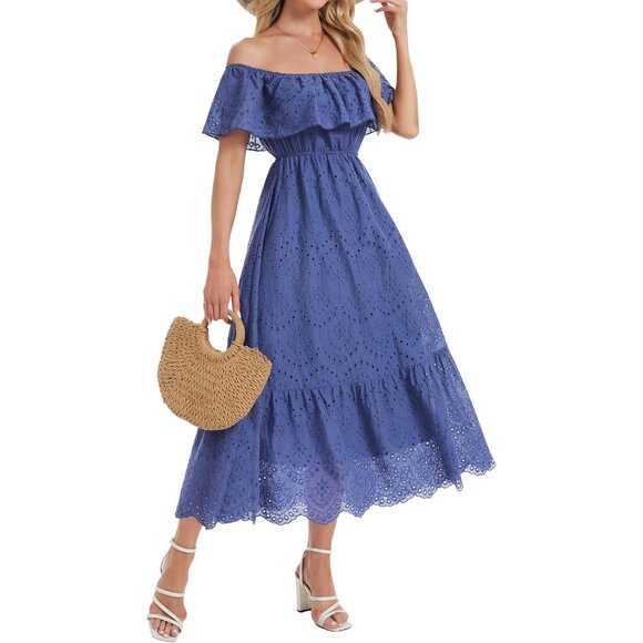 Women's Cotton Midi Dress Off-Shoulder Ruffle High Waist A-Line Casual - Picture 1 of 6